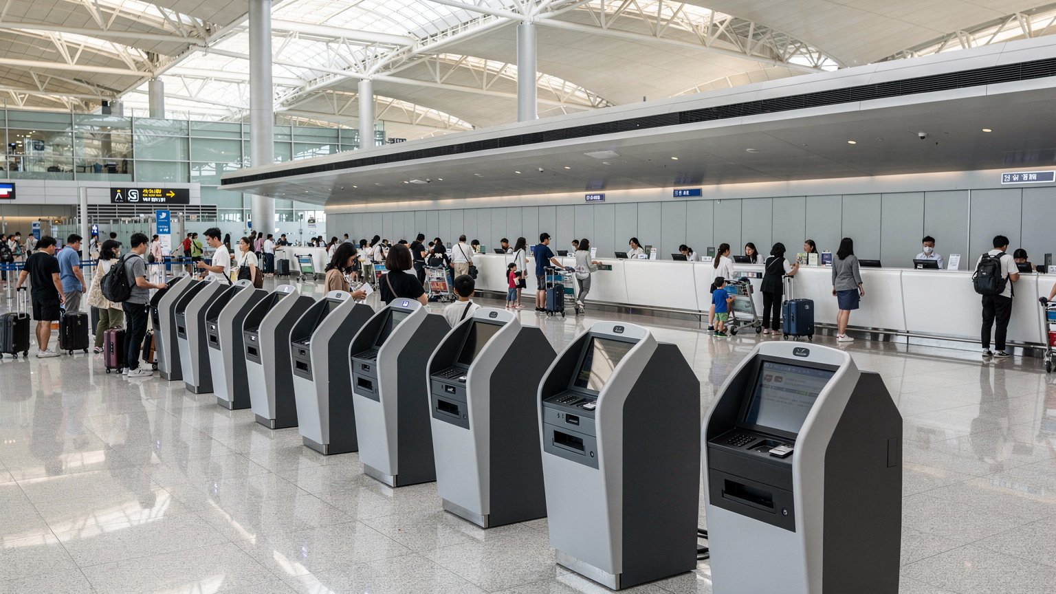 창이공항 체크인 카운터와 셀프 체크인 키오스크가 늘어선 전경