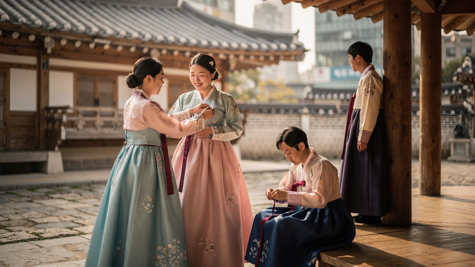 한복체험 · 한복체험, 단순한 놀이 이상의 의미가 있어요 · 한복체험이 요즘처럼 많은 사랑을 받게 된 데에는 이유가 있습니다. 최근 한복을 짓고 입는 문화 전반, 즉 '한복생활'이 국가무형문화재로 지정 되었다는 소식이 있었습니다. 이는 한복이 그저 예쁜 사진을 남기기 위한 소품이 아니라, 만들고 입고 일상에서 활용해온 하나의 생활문화로 공식 인정받았다는 뜻입니다. 그래서 한복체험을
