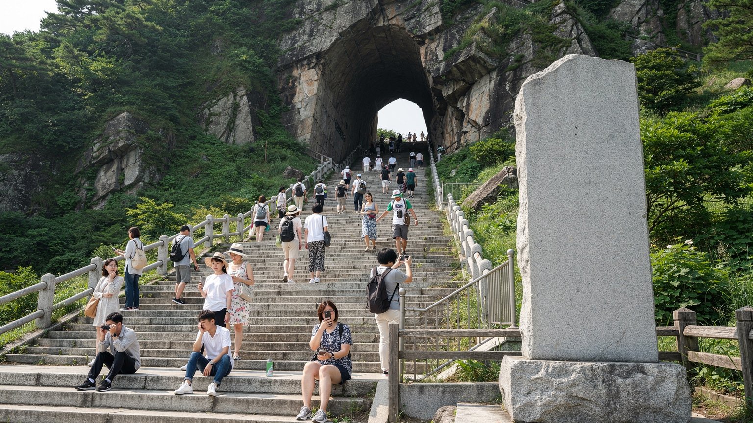 천문산 천문동으로 오르는 계단과 관광객들, 천문성경 표지석