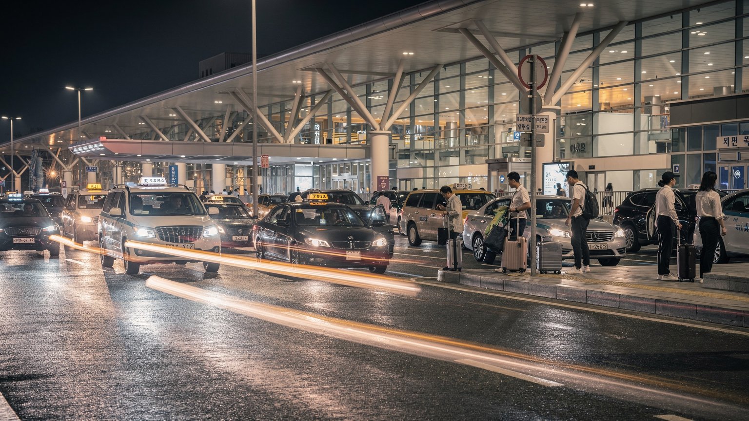 야간 공항 입구 도로에 택시와 차량들이 붐비는 모습