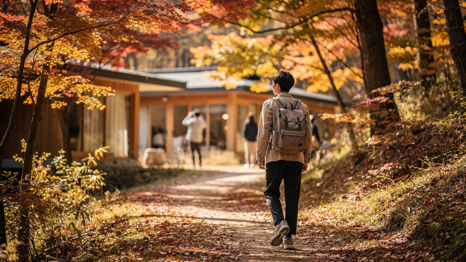 가을 단풍길을 걷는 여행자, Stay & Explore 캠페인 이미지