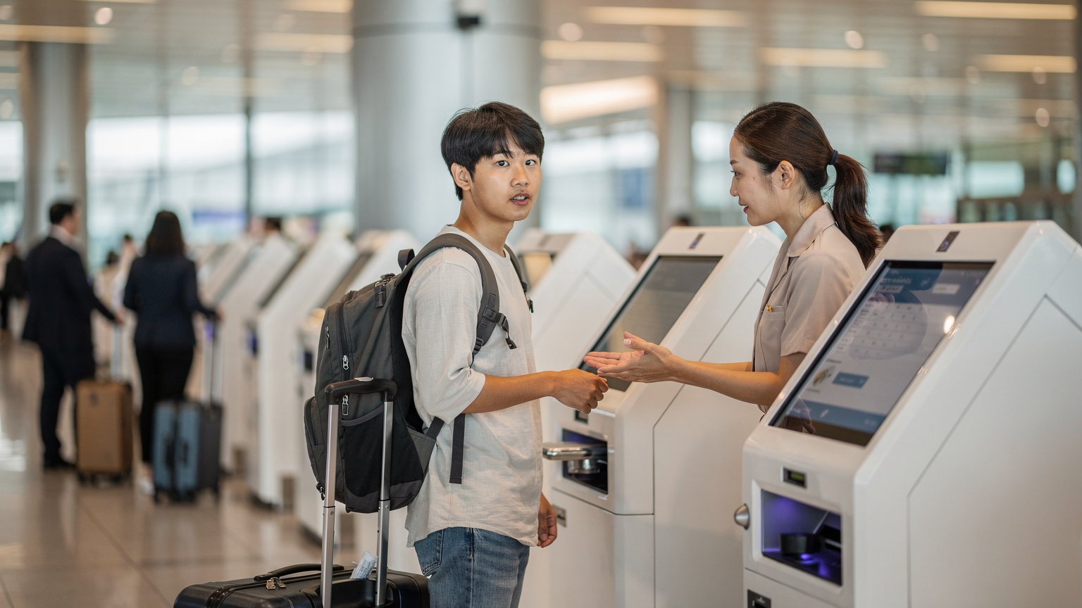 창이공항 체크인 키오스크에서 직원의 안내를 받는 여행객
