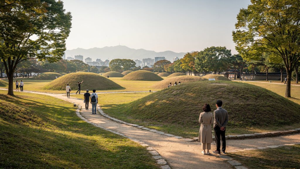 경주 대릉원 · 대릉원, 어떤 곳인지 먼저 알고 가면 더 재미있어요 · 대릉원은 신라 시대 왕과 왕비, 귀족들의 무덤이 모여 있는 고분군이에요. 크고 작은 봉분 스무 기가 넘게 모여 있어서 멀리서 보면 마치 완만한 언덕들이 이어진 것처럼 보이는데, 사실 이 하나하나가 천년 전 신라 사람들의 무덤이라는 걸 알고 보면 느낌이 완전히 달라지실 거예요. 이곳은 그 역사적 가치를 인정받아 국가유산청으