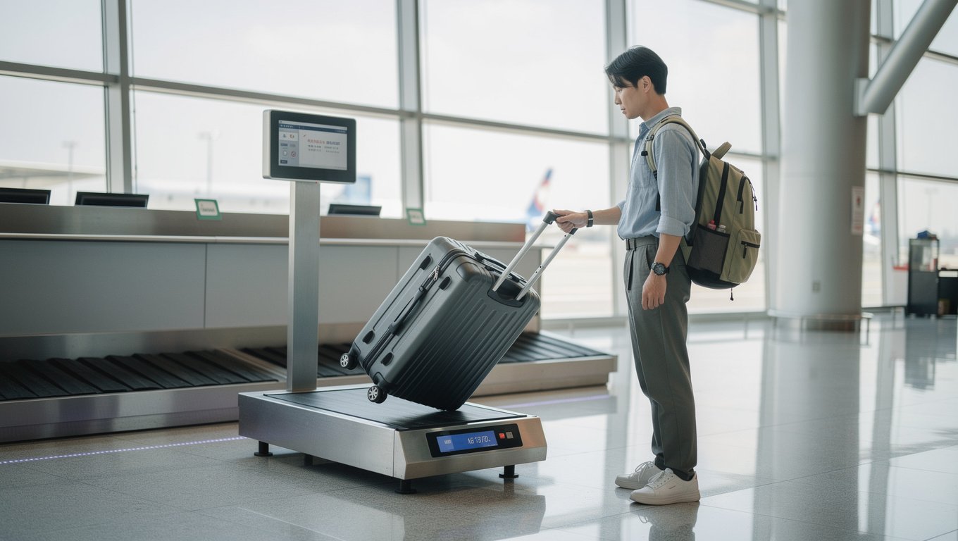 공항 체크인 전 캐리어 무게를 미리 확인해 추가 요금을 피하는 장면