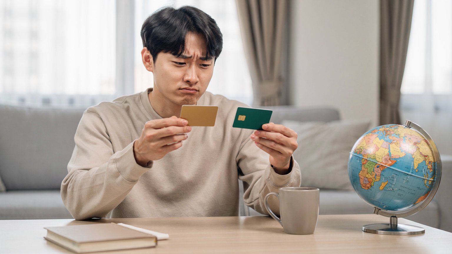 신용카드와 트래블카드를 들고 고민하는 모습 일러스트