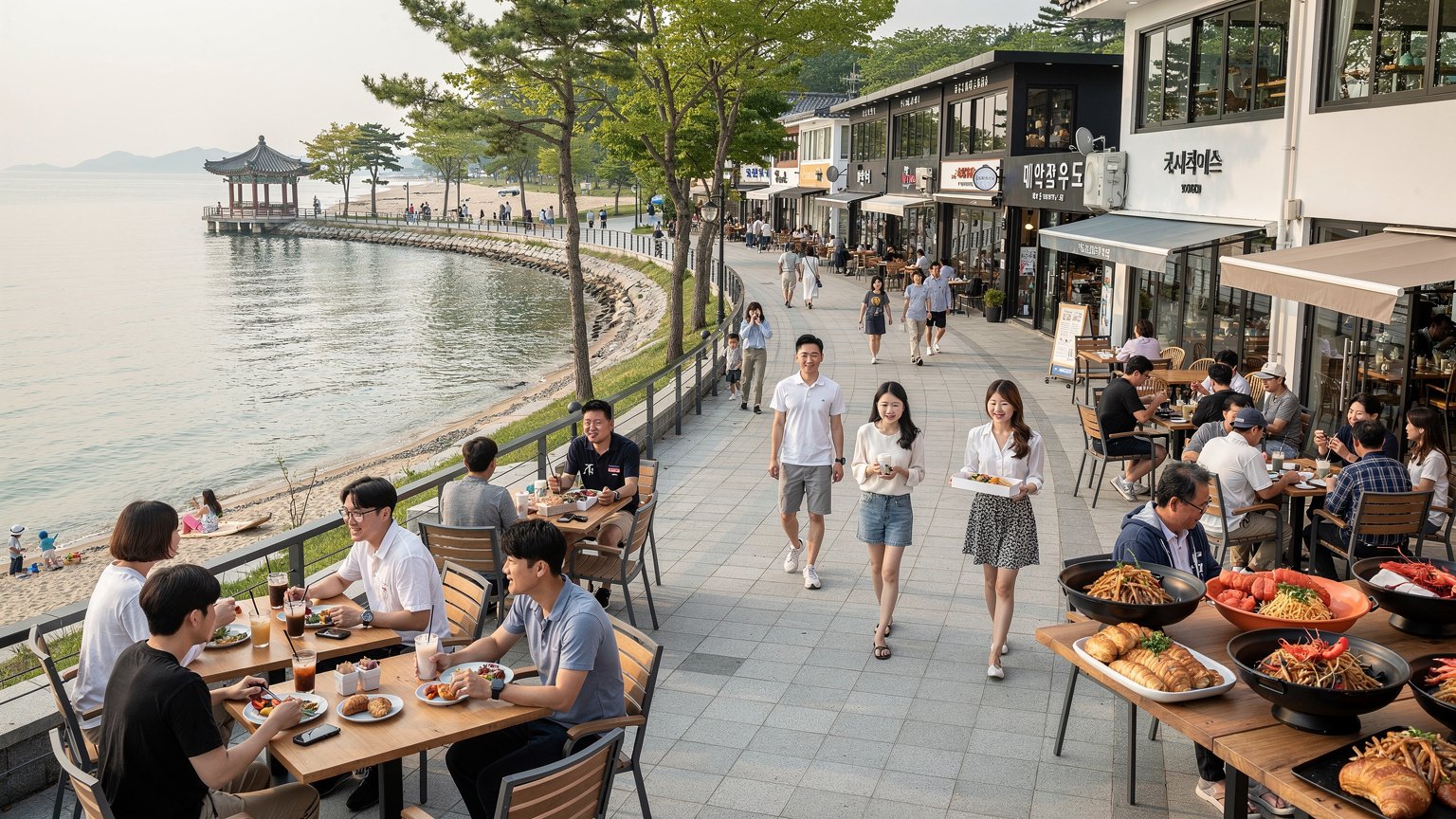 경포대 먹거리, 크게 세 구역으로 나눠 생각하세요 · 경포대 는 경포호수를 낀 정자이고, 여기서 걸어서 이동 가능한 거리에 경포호수 산책로와 경포해변이 이어져 있어요. 그래서 먹거리도 자연스럽게 세 구역으로 나뉩니다. 첫째는 경포호수 주변으로, 산책하며 들르기 좋은 카페와 브런치 가게가 많아요. 둘째는 경포해변 앞쪽으로, 흔히 '경포 카페거리'라 불리는 구간과 해산물·물회를 파는 식당들이 몰려 있습니다.