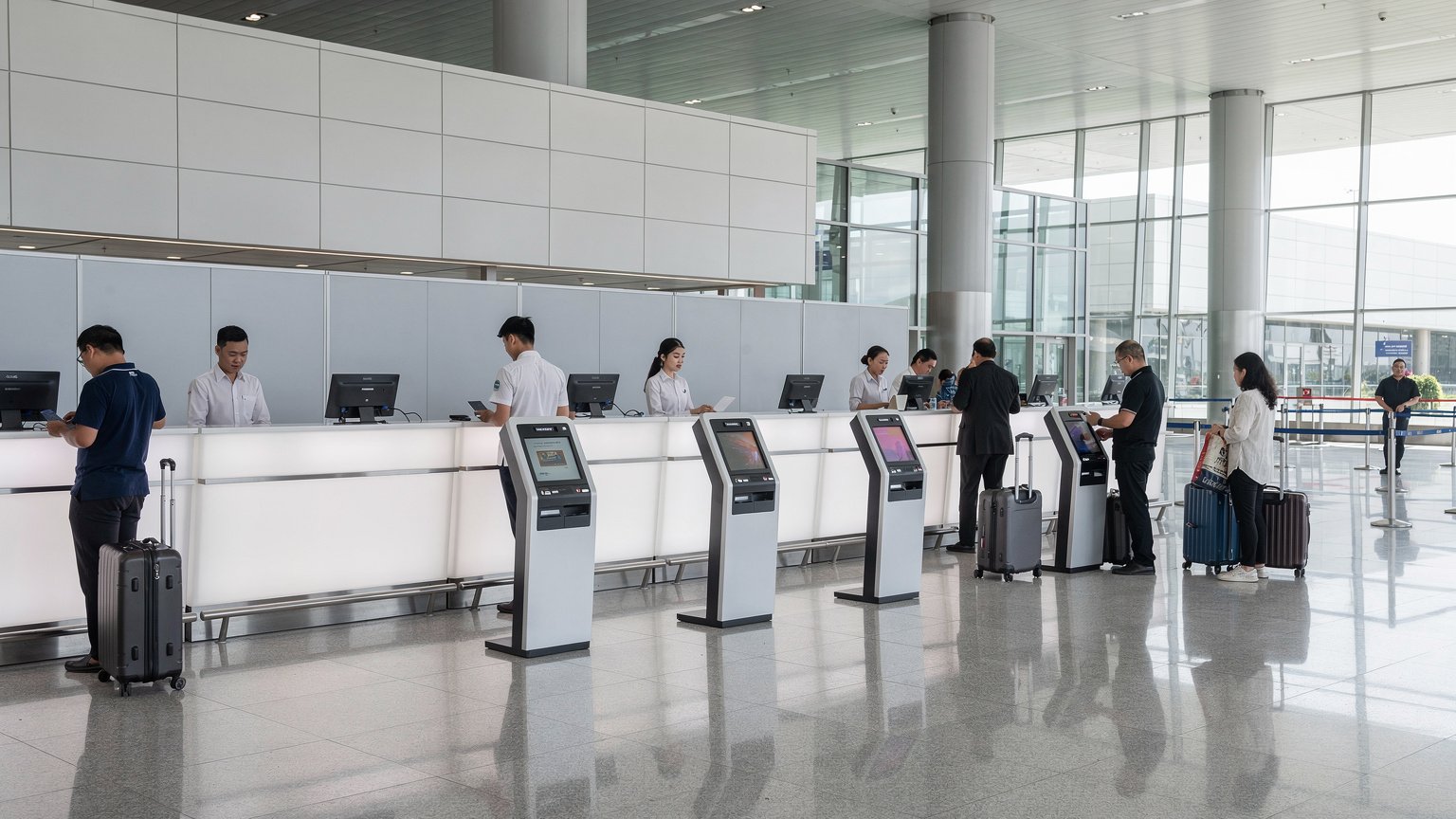 노이바이공항 터미널 내부 체크인 카운터와 키오스크
