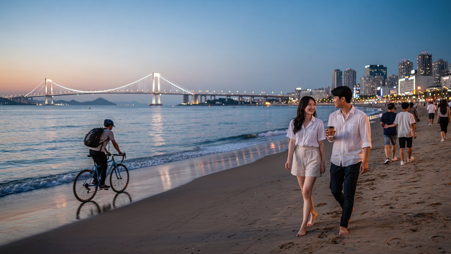 부산 광안리 · 낮에는 산책, 밤에는 야경 — 광안리 200% 즐기는 법 · 낮 시간대에는 해변을 따라 걷거나 자전거 도로를 이용해 광안대교 방향으로 산책하기 좋습니다. 해변 근처 카페 거리에서 커피 한 잔 하며 바다를 바라보는 것도 광안리의 소소한 재미 중 하나예요. 해가 지기 시작하면 분위기가 확 달라지는데, 이때부터가 진짜 광안리의 매력이 드러나는 시간입니다. 광안대교에 조명이 켜지고, 해변