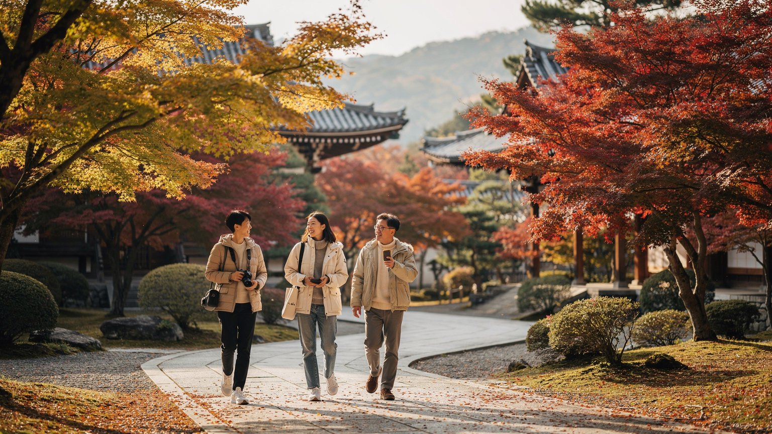 일본 여행 시기 · 가을(9~11월), 단풍과 함께하는 편안한 여행 · 가을은 봄과 함께 일본 여행 시기 중 가장 추천되는 계절이에요. 무더위가 한풀 꺾이고 습도도 낮아져 쾌적하게 다니기 좋고, 11월 초중순부터 본격적으로 단풍이 물들기 시작합니다. 단풍 역시 지역별로 시기 차이가 있어서, 홋카이도는 10월 초부터 시작되지만 도쿄나 오사카 같은 관동·관서 지역은 11월 중순~말이 되어야 절정