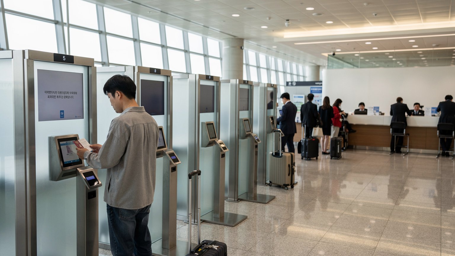 여러 대의 자동 출입국 심사 게이트가 줄지어 설치된 모습