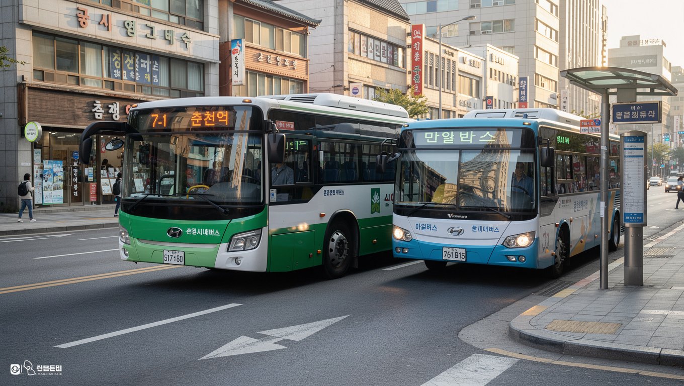 시내버스와 마을버스가 함께 운행되는 모습으로 두 종류의 차이를 보여줌
