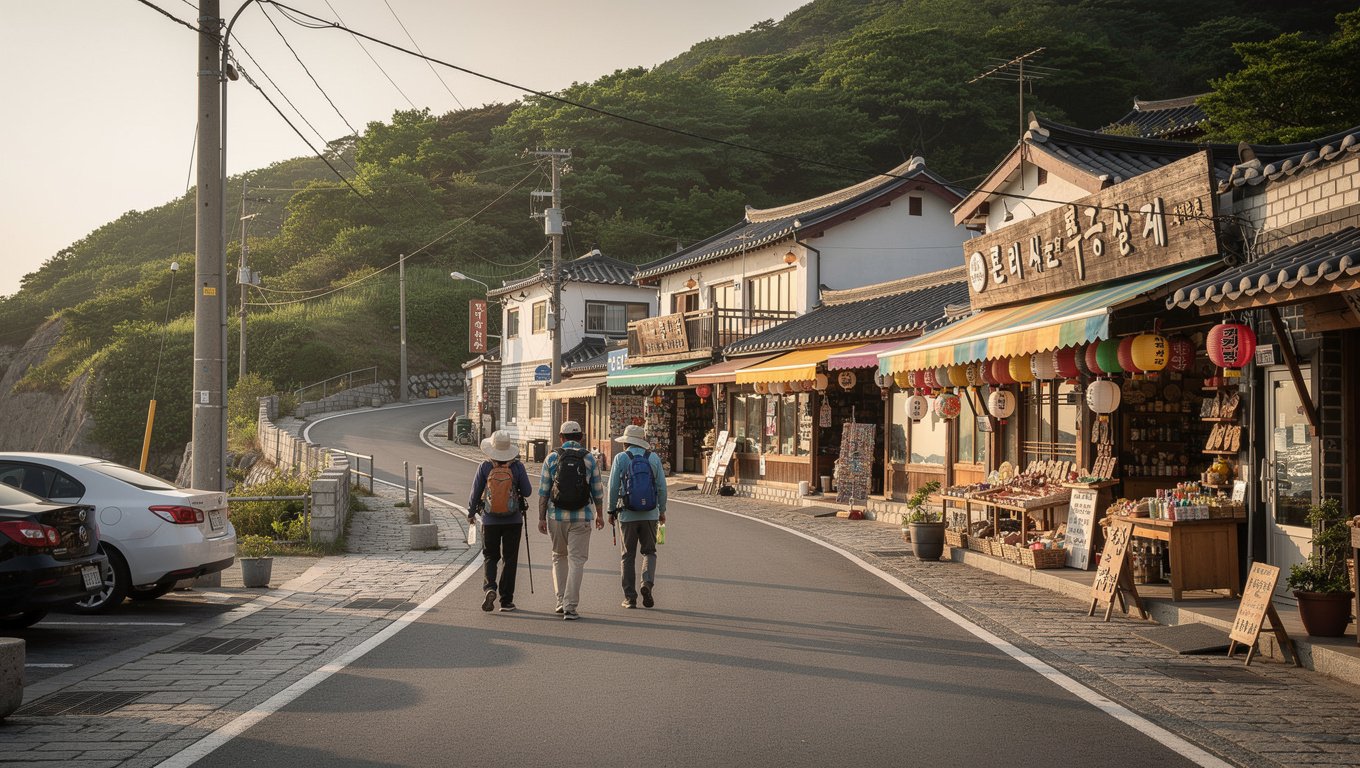 주차장은 향일암 입구가 아니며, 식당과 가게가 늘어선 마을길을 먼저 지나야 한다