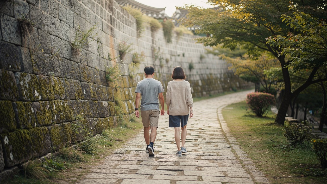 흙길과 돌길이 섞인 성곽 산책로를 편한 신발로 걷는 모습