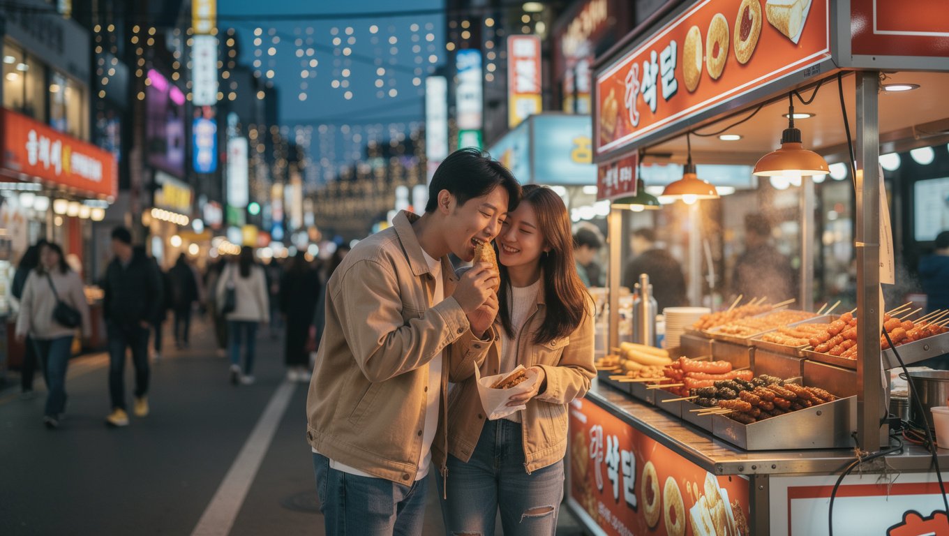 BIFF 거리에서 길거리 간식을 나눠 먹는 낮 데이트