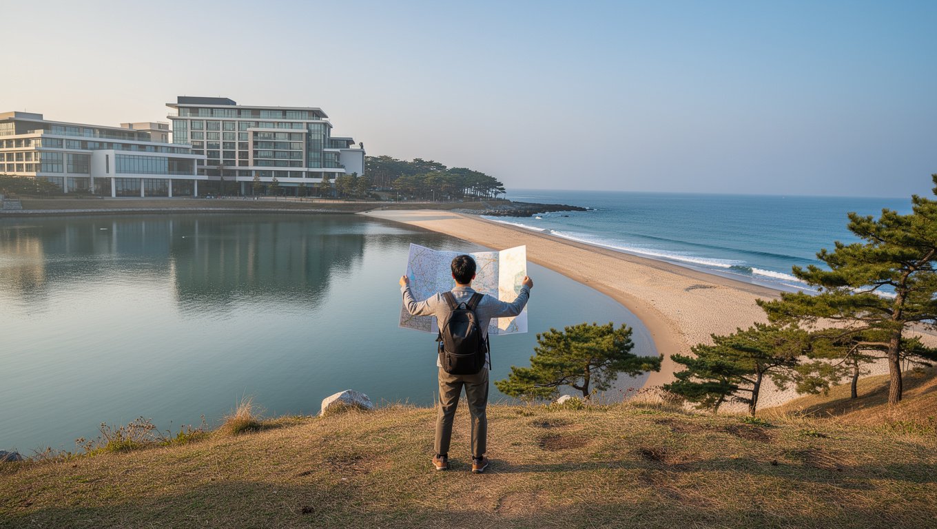 강릉 바닷가와 호수, 시내가 함께 보이는 도시 전경 속에서 숙소 위치를 고민하는 느낌
