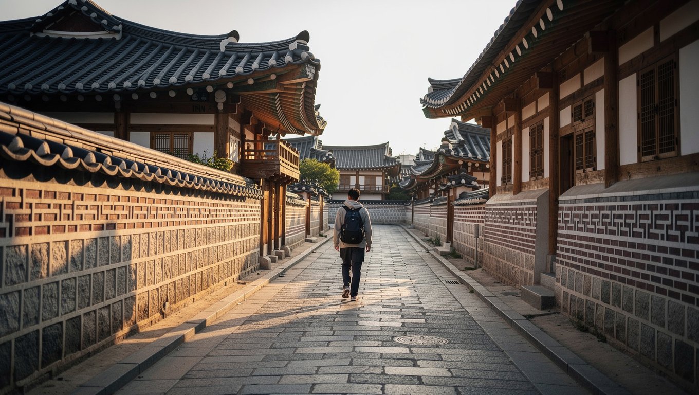 전주한옥마을에 밀집한 다양한 문화시설과 그곳을 거니는 여행객의 모습