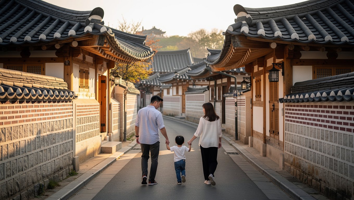 가족이 함께 전주 한옥마을을 거니는 하루 여행의 전체 이미지