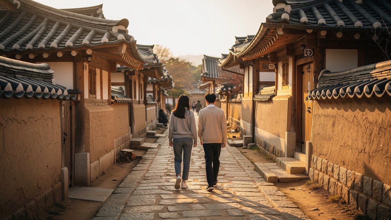하회마을에서 여유롭게 걷는 커플 주말여행의 전체 이미지