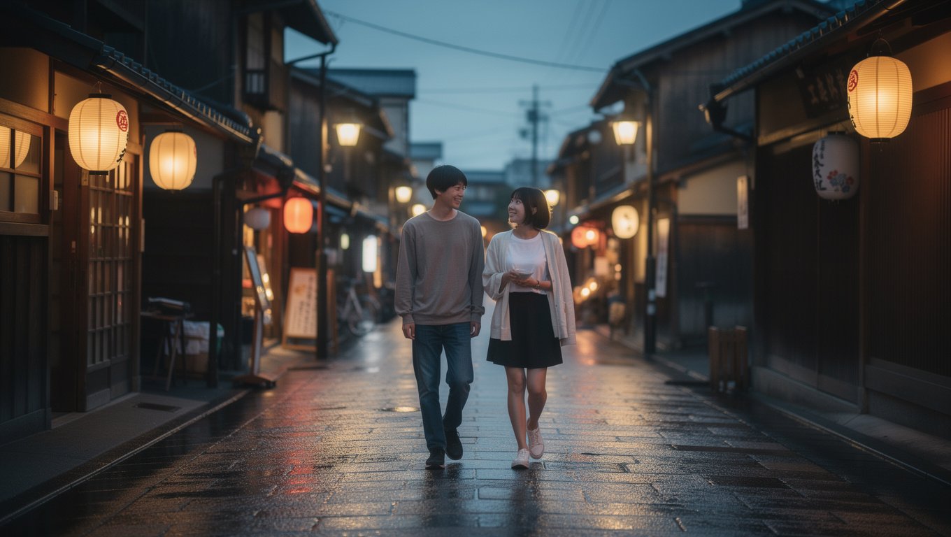 기온 거리에서 커플이 함께 걷는 저녁 산책, 교토 여행의 전체 분위기를 상징