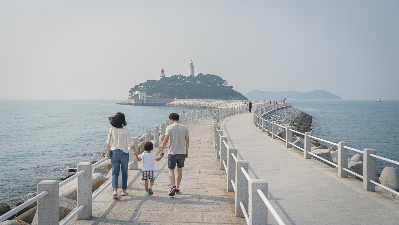 아이와 가족이 오동도 방파제길을 따라 걸어 들어가는 여행의 시작