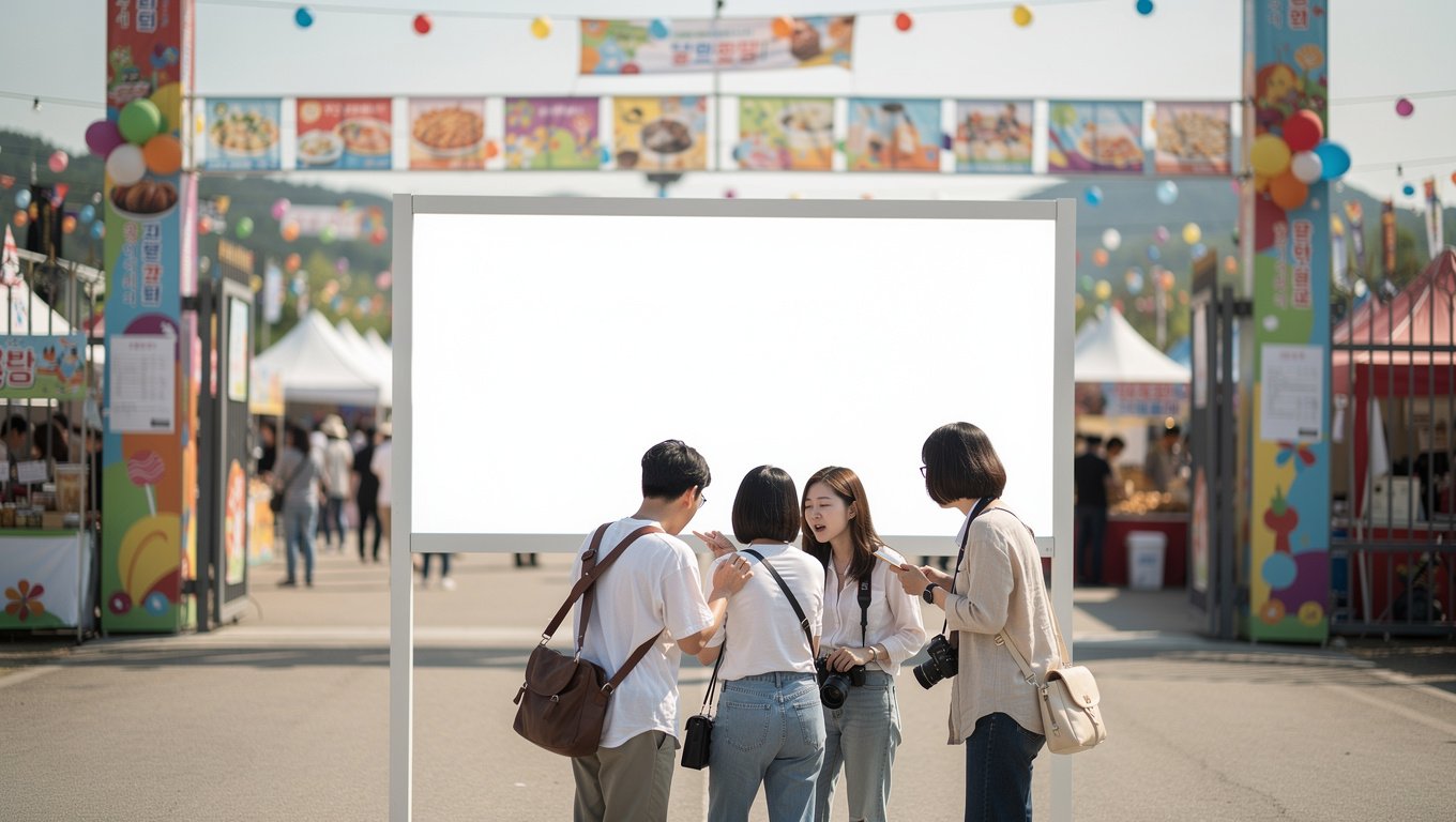 축제 방문 전 행사장 안내문을 확인하는 모습