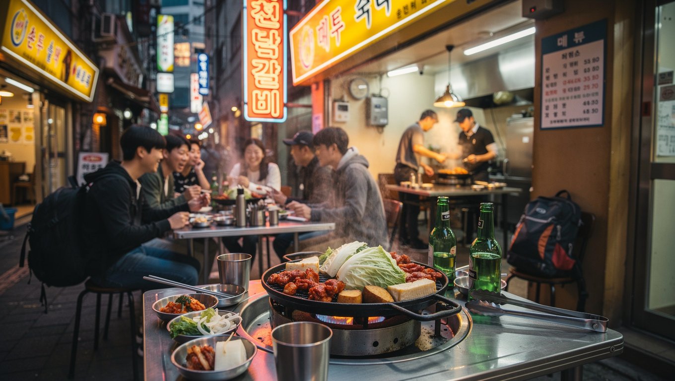 짧은 동선 안에서 닭갈비를 먹는 모습으로 반나절 코스의 핵심 활동을 표현