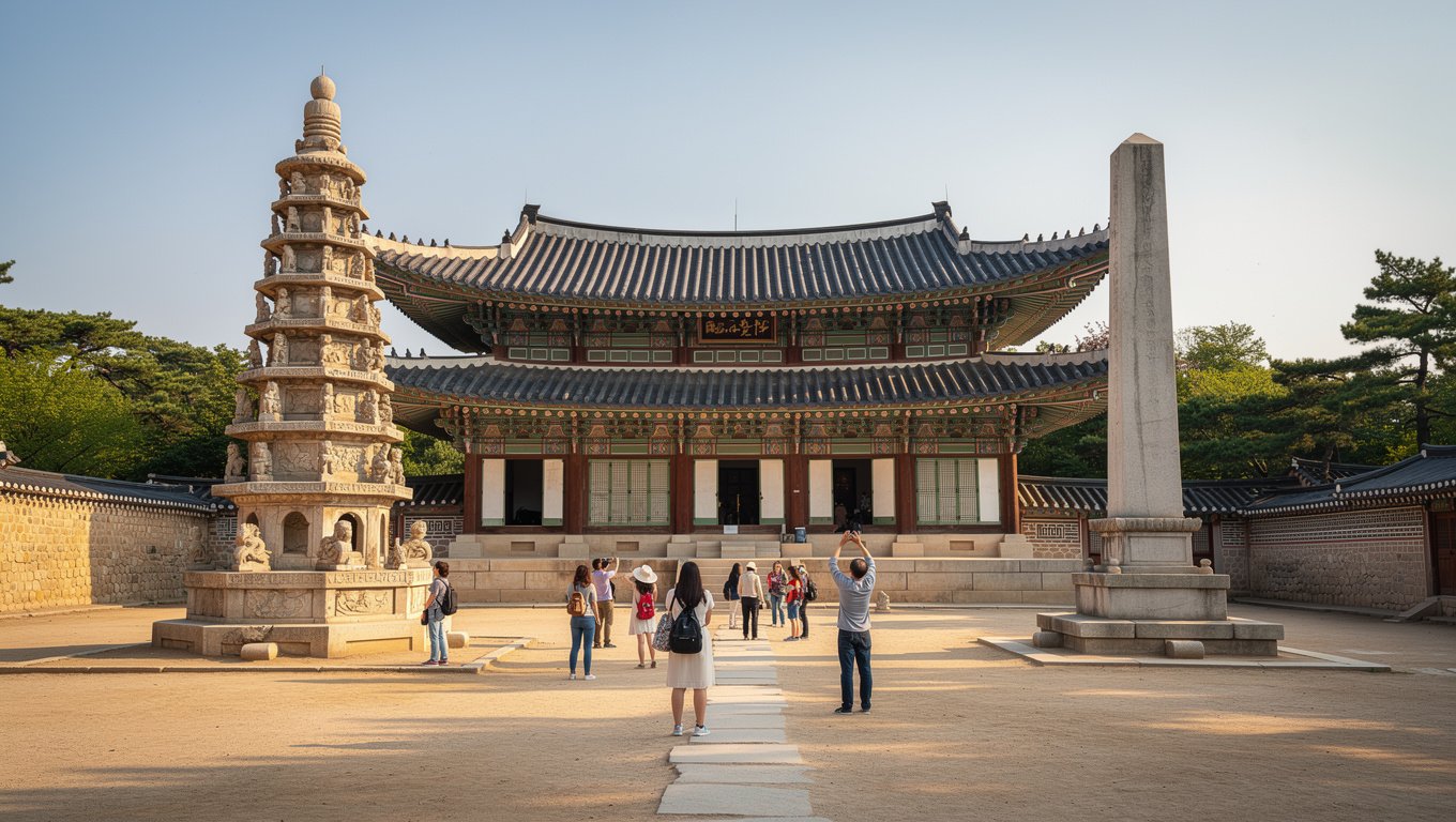 대웅전 앞마당에서 다보탑과 석가탑을 비교하며 감상