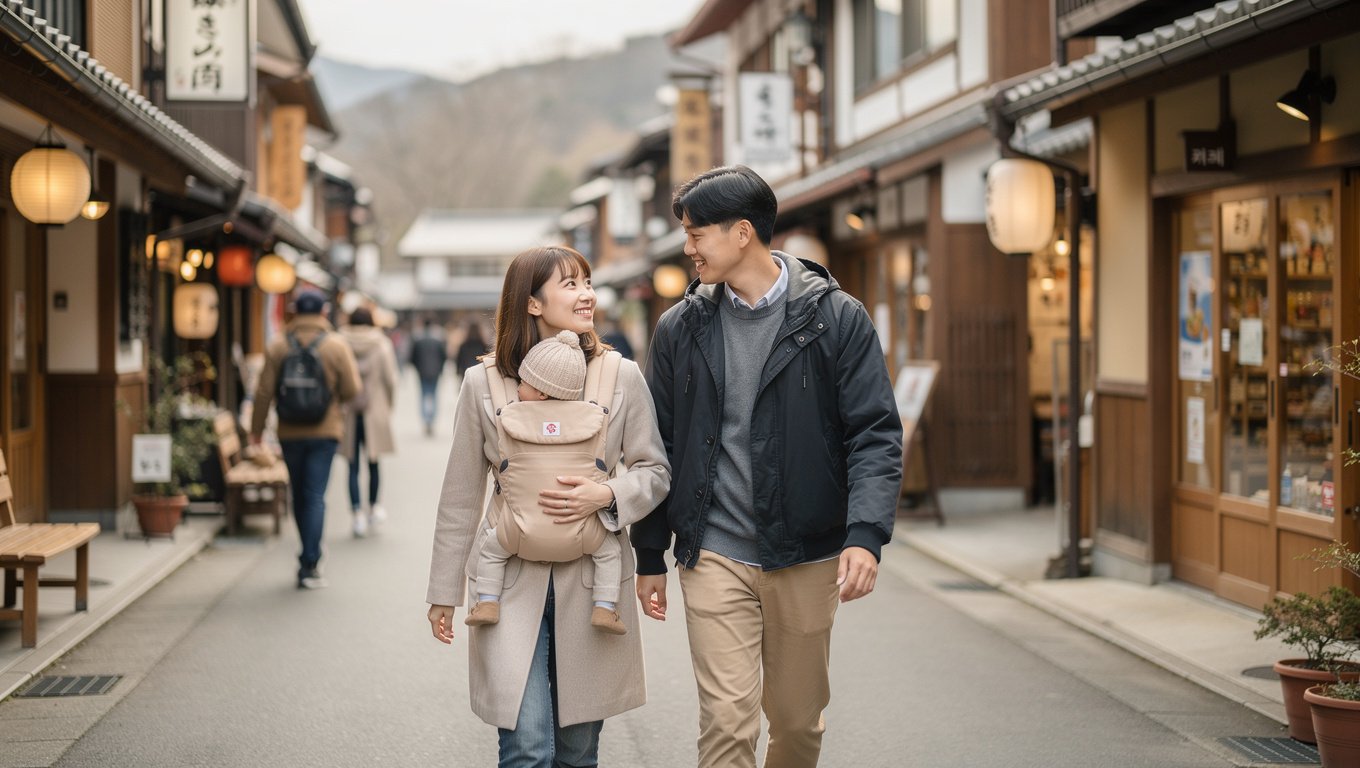 유모차나 아기띠로 유후인 거리를 편하게 걷는다