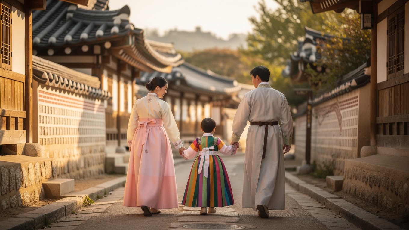 아이와 함께 한복을 입고 한옥마을을 즐기는 체험