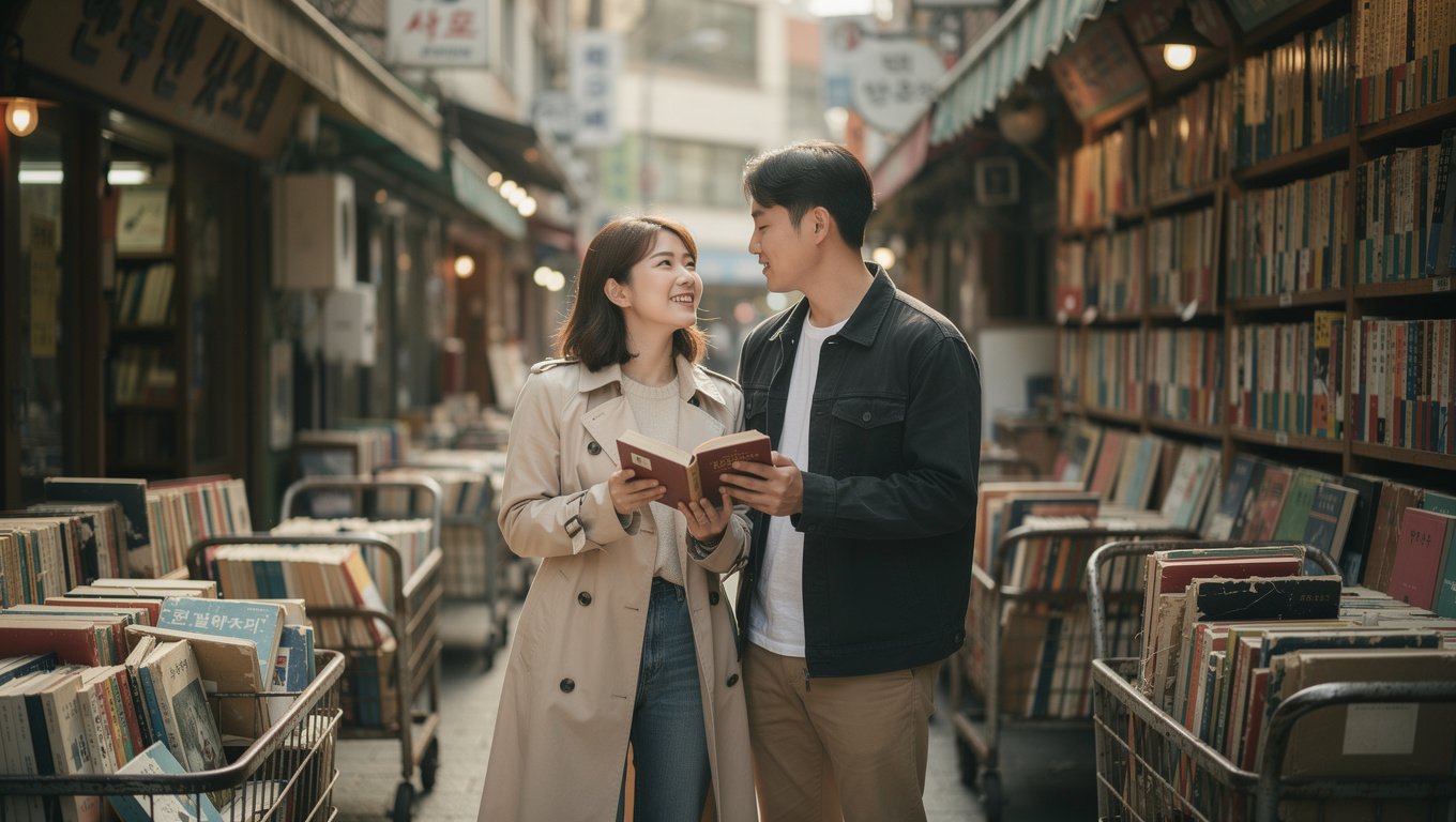 책방골목에서 사진을 남기는 커플의 감성 데이트