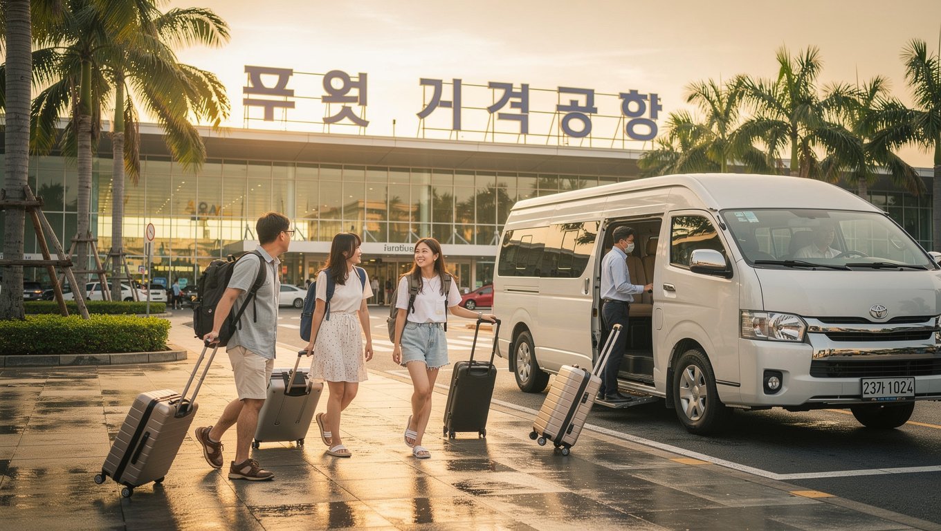 공항에서 카론까지 짐을 들고 차량으로 이동하는 친구들