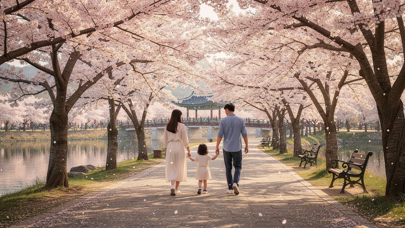봄철 온화한 날씨 속 벚꽃과 함께 걷는 월영교 산책