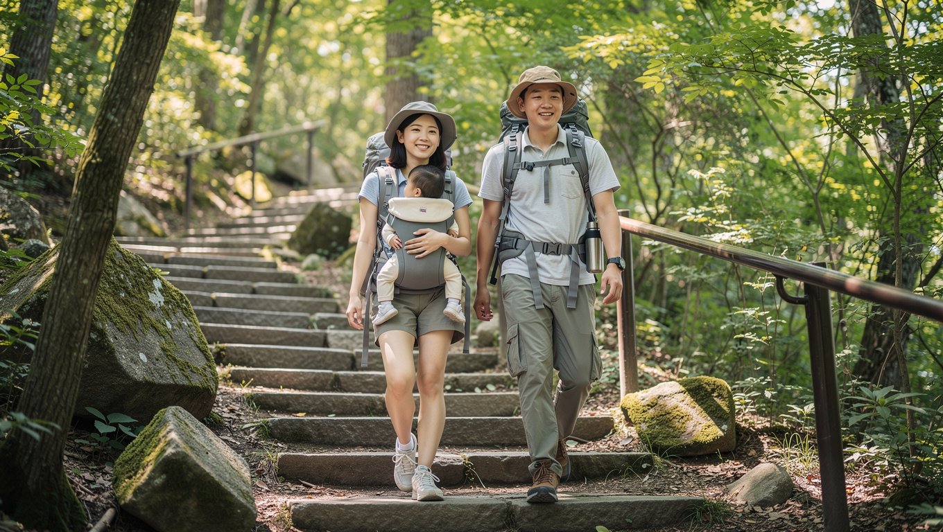 계단과 비포장길이 많은 라오산에서는 유모차보다 아기띠가 더 유용하다