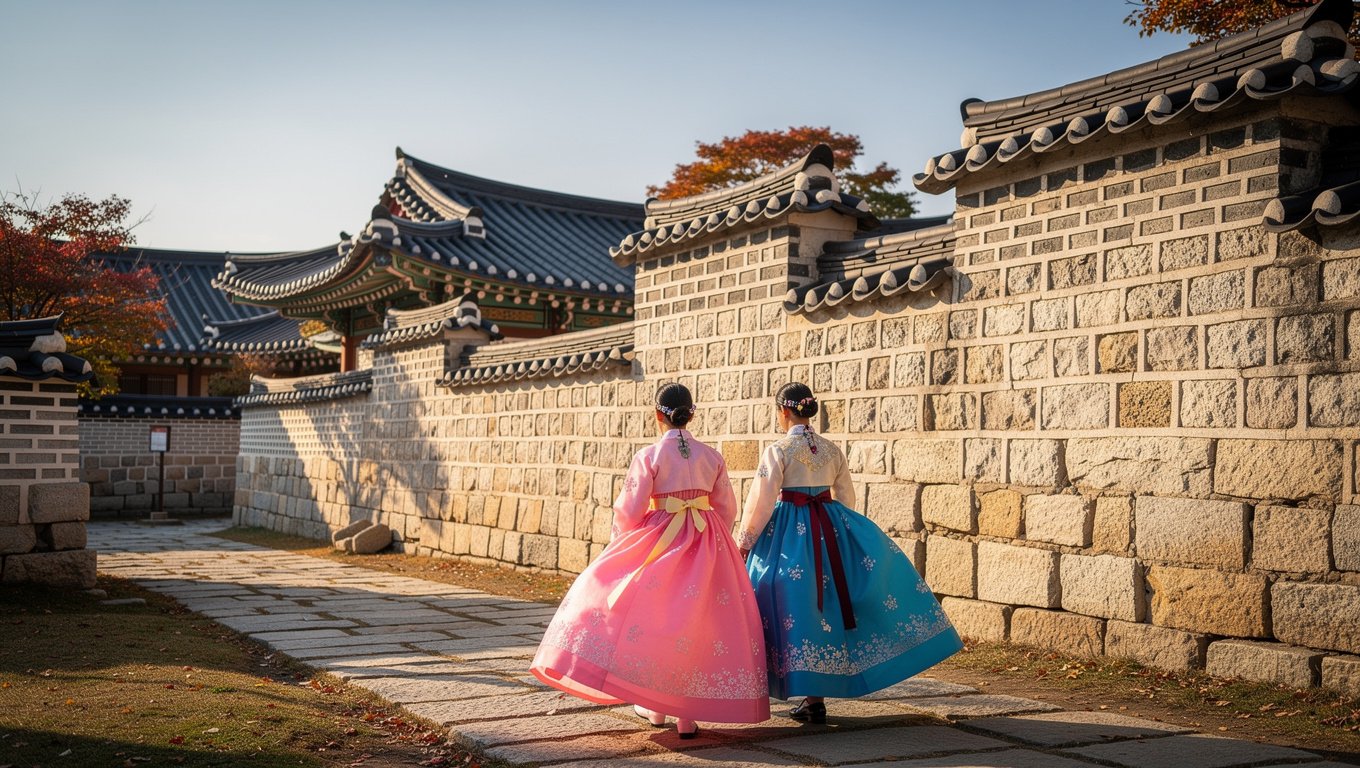 공산성 근처 한옥마을에서 한복 입고 거니는 친구들