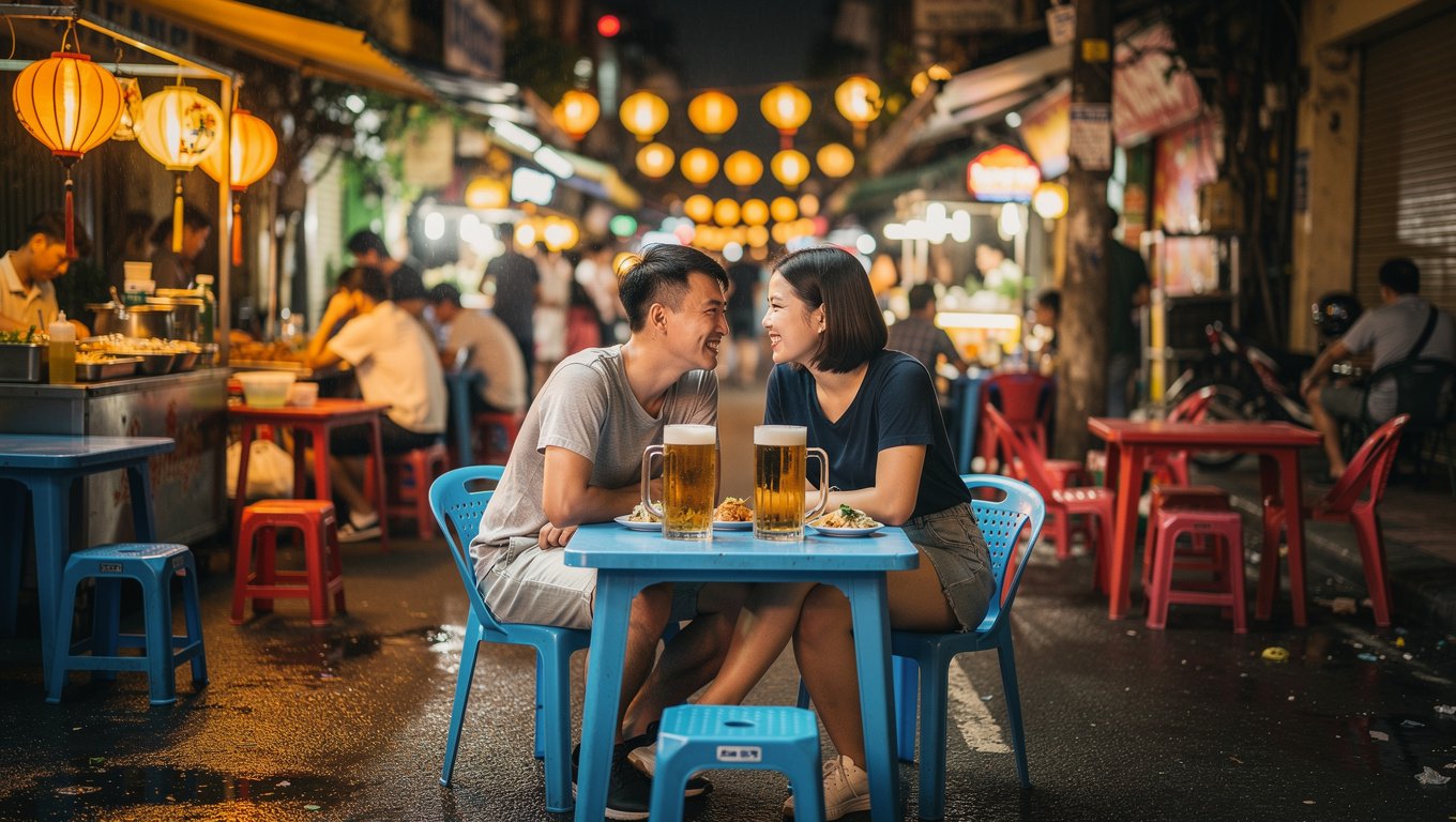 저녁 따히엔 맥주거리에서 플라스틱 의자에 앉아 현지 생맥주를 즐기는 커플