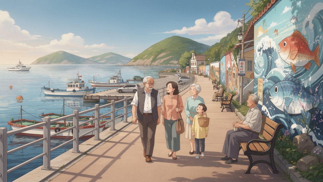 거제 장승포 부모님 주말 · 장승포항 산책과 벽화골목, 부모님 체력에 맞는 동선 · 장승포에 도착하면 먼저 장승포항 주차장이나 인근 공영주차장에 차를 세우고, 항구를 따라 천천히 걸어보시는 걸 추천해요. 포구를 끼고 도는 길은 대부분 평지라서 부모님도 무리 없이 걸으실 수 있습니다. 걷다 보면 고래를 테마로 한 벽화 골목이 나오는데, 이곳에서 사진도 찍고 중간중간 벤치에 앉아 쉬어가면 좋아요. 동선을 짤