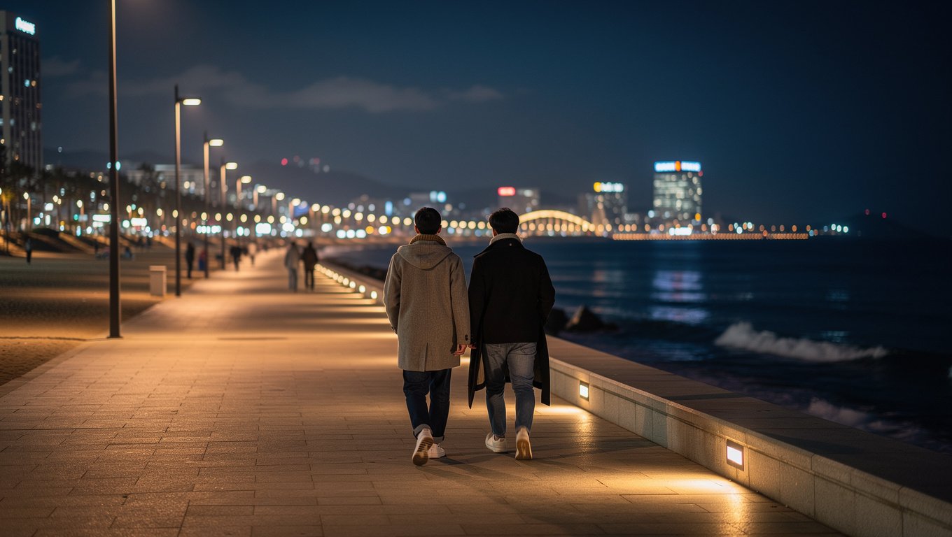 해가 진 뒤 조명 켜진 해운대 밤바다를 산책하는 즐거움