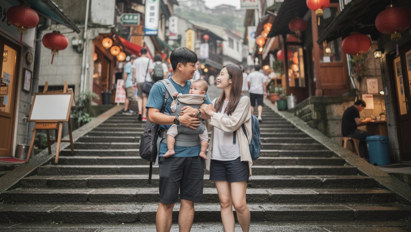계단 많은 지우펀 골목에서 아기띠로 아이를 안고 이동하는 부모의 모습으로 유아차 대신 준비물의 필요성을 전달
