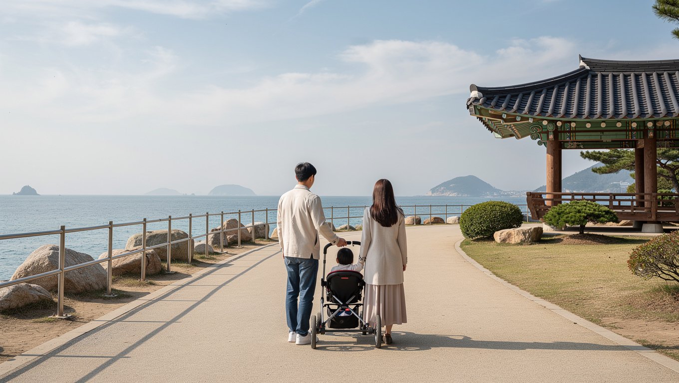 완만한 산책로에서 유아차로도 편하게 바다를 내려다보며 쉬는 모습