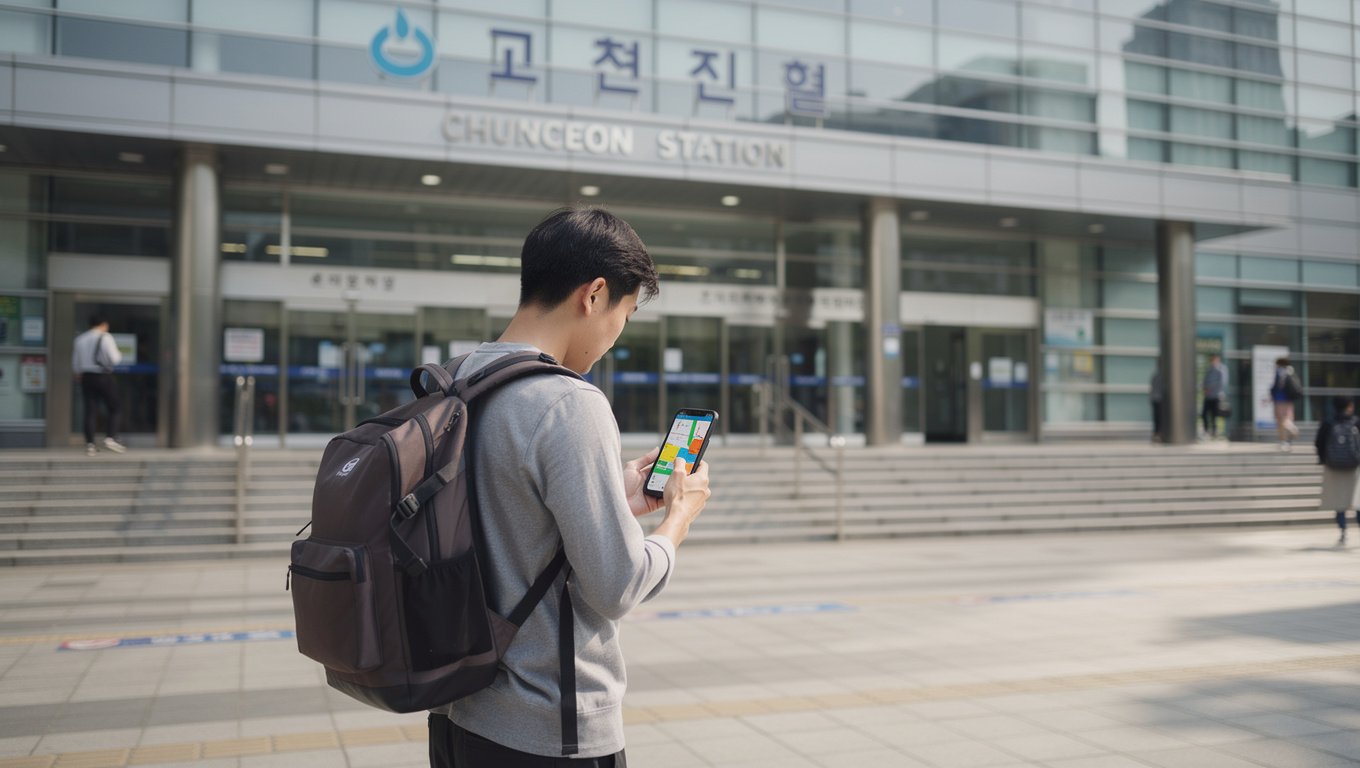 기차역 앞에서 지도 앱을 확인하며 방향을 확인하는 모습으로 역 구분과 이동 수단 확인의 중요성을 표현